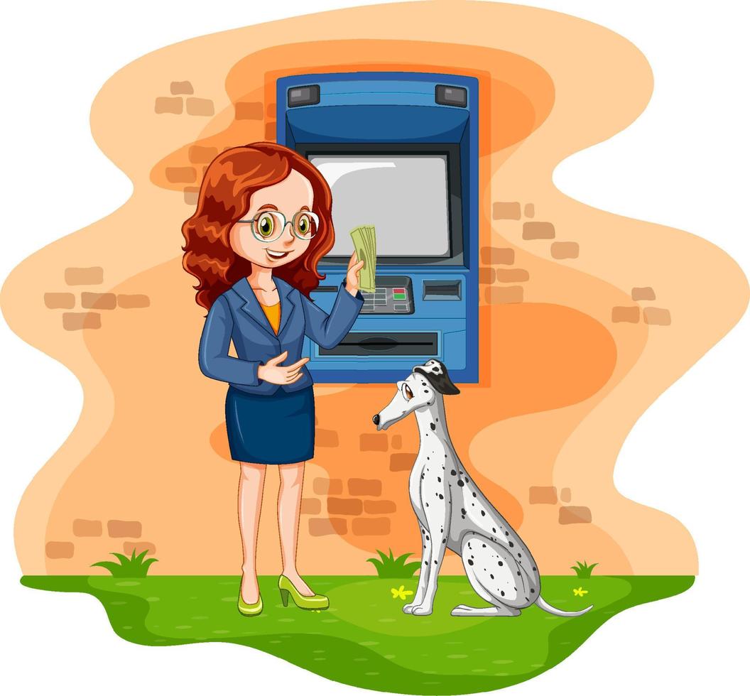 ATM machine with a woman withdraw money vector