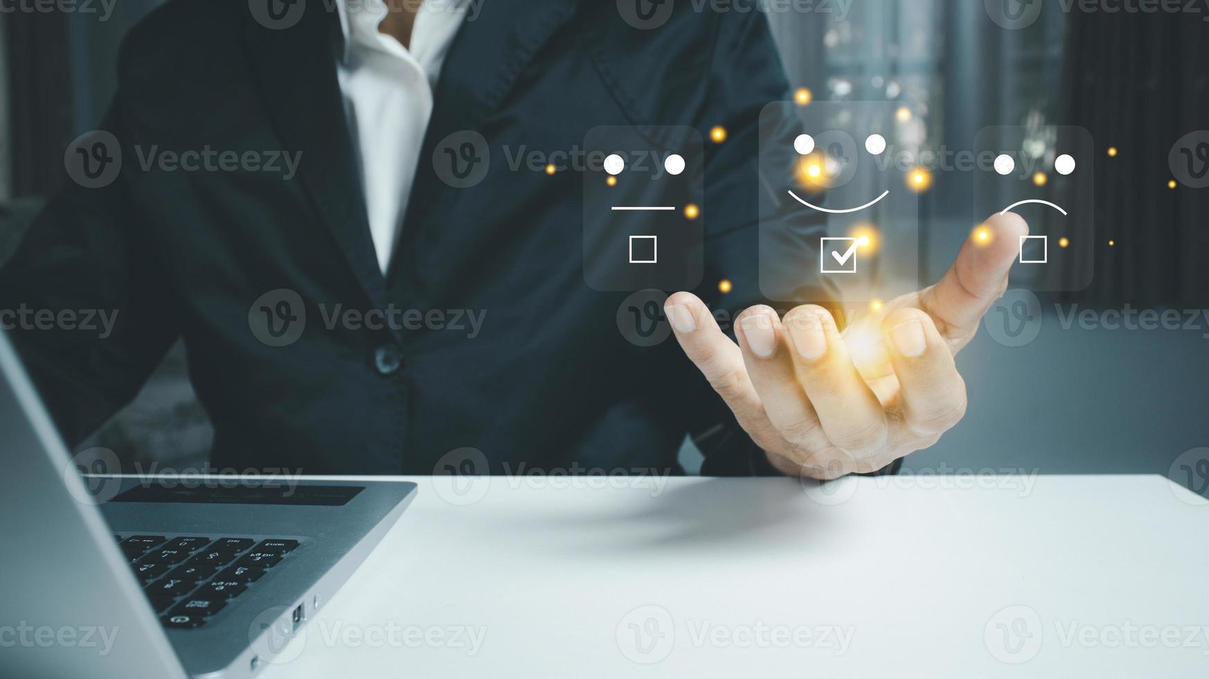User gives rating to service experience on online application, Customer review satisfaction feedback survey concept. photo