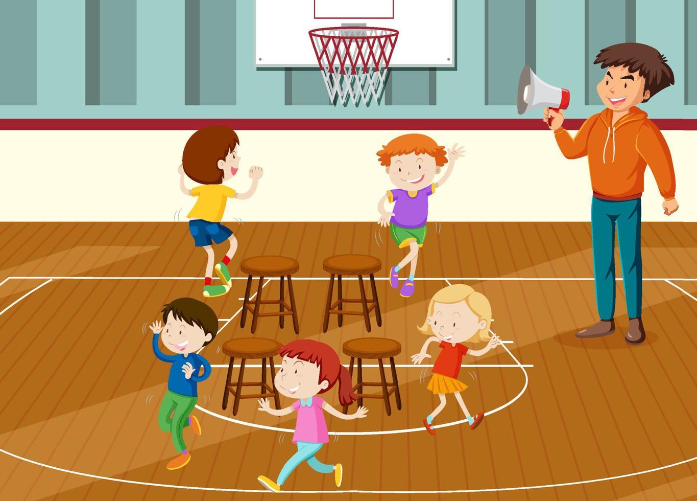 Kids doing physical activity with music chair vector