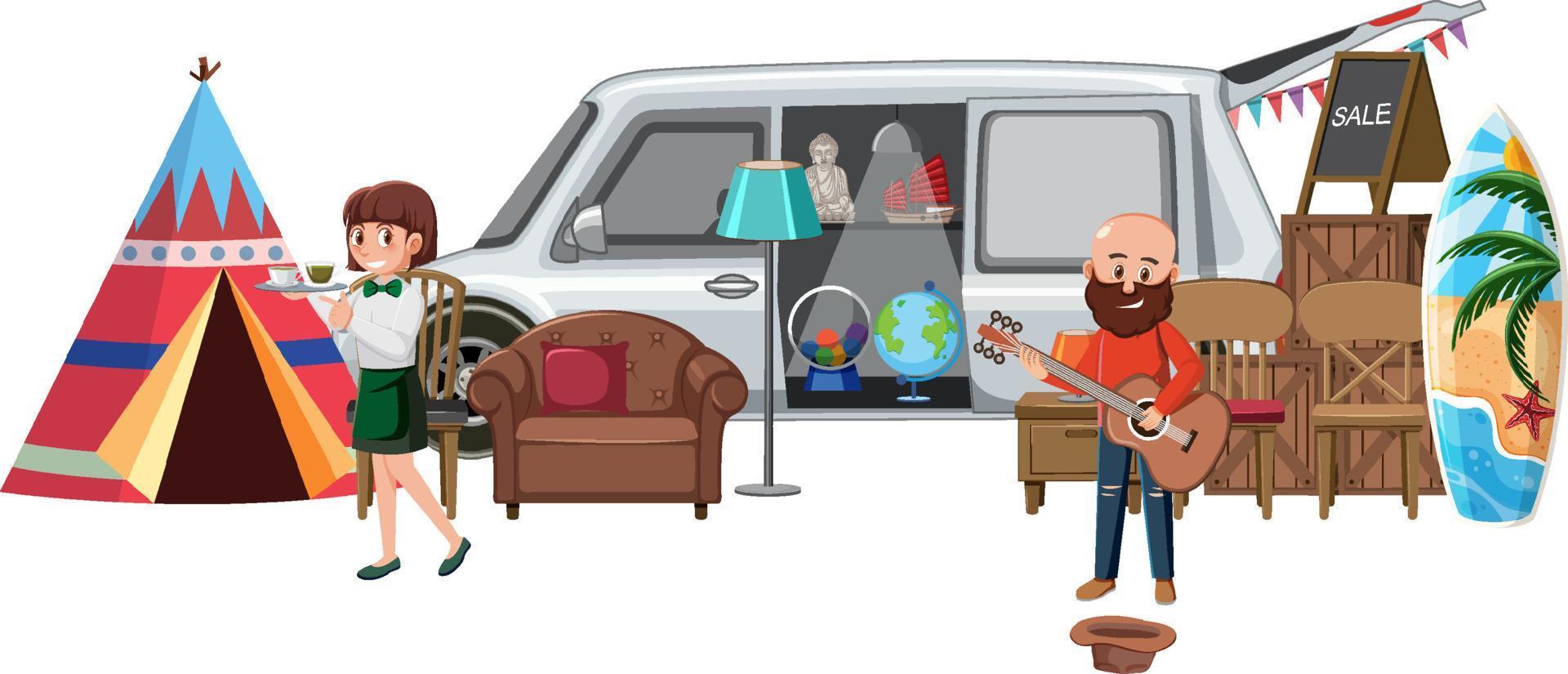 Man playing guitar in flea market vector