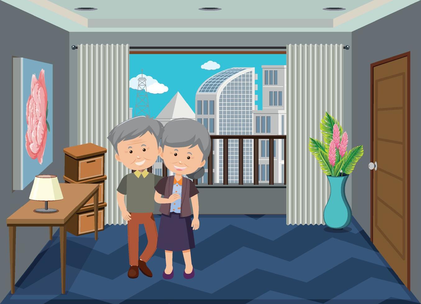 Living room scene with family members in cartoon style vector