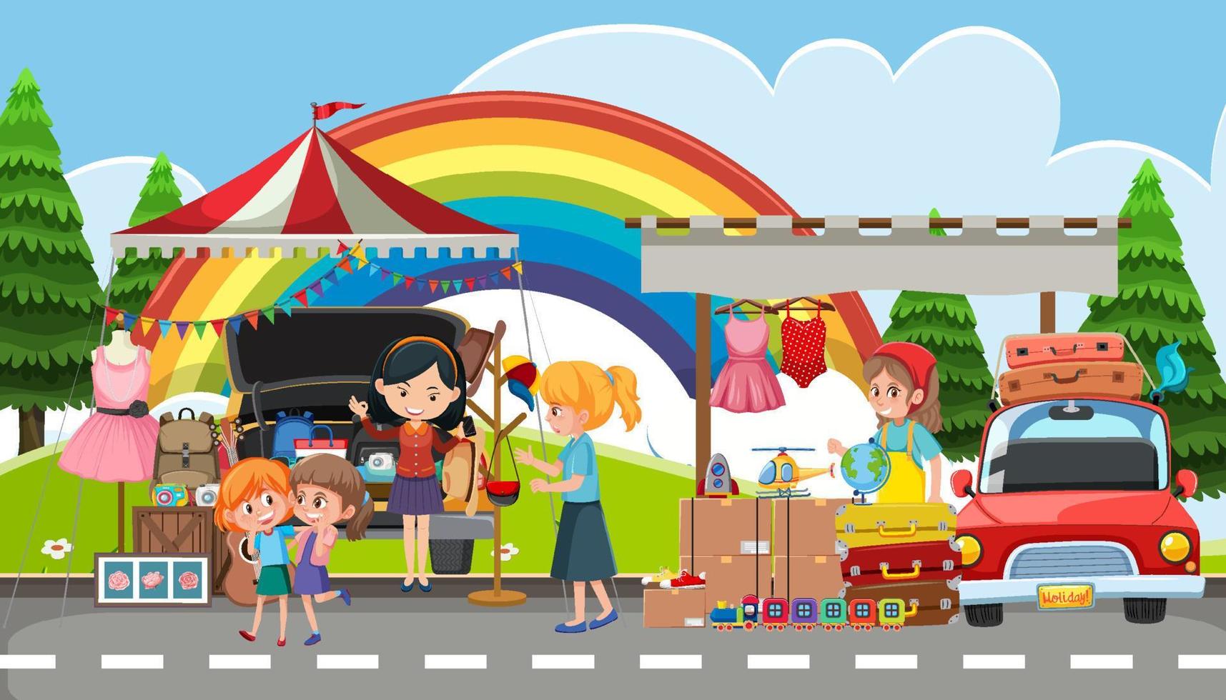 Flea market scene in cartoon style vector