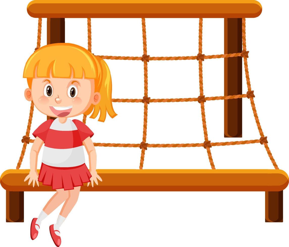 Girl sitting on climbing rope wall net playground vector