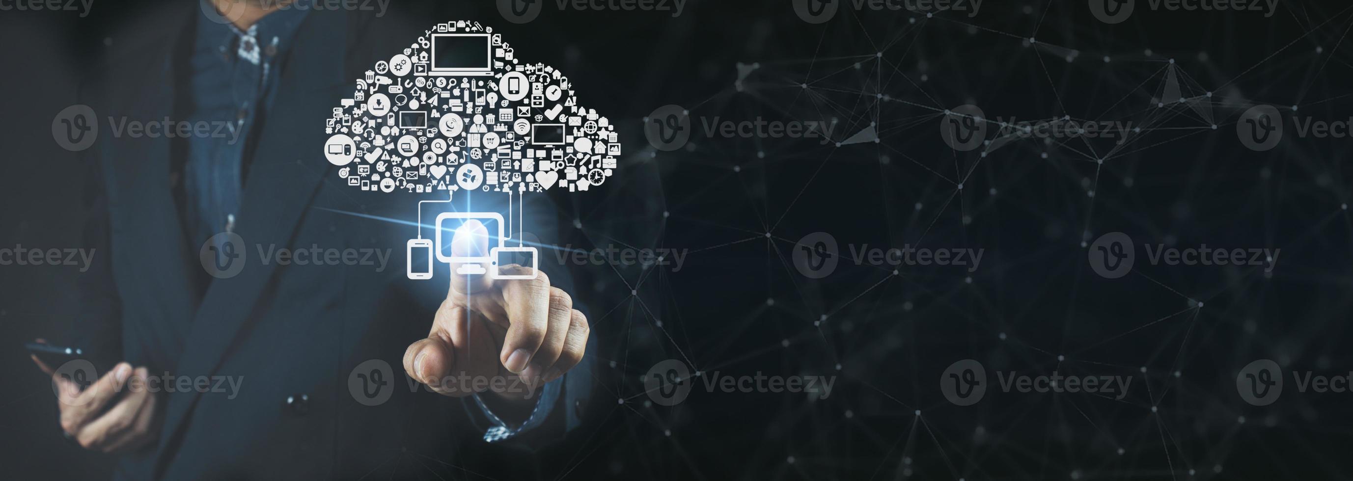 Businessman touching fingerprint scan provides security interface payment shopping banking and cloud computing network connection on virtual screen. photo
