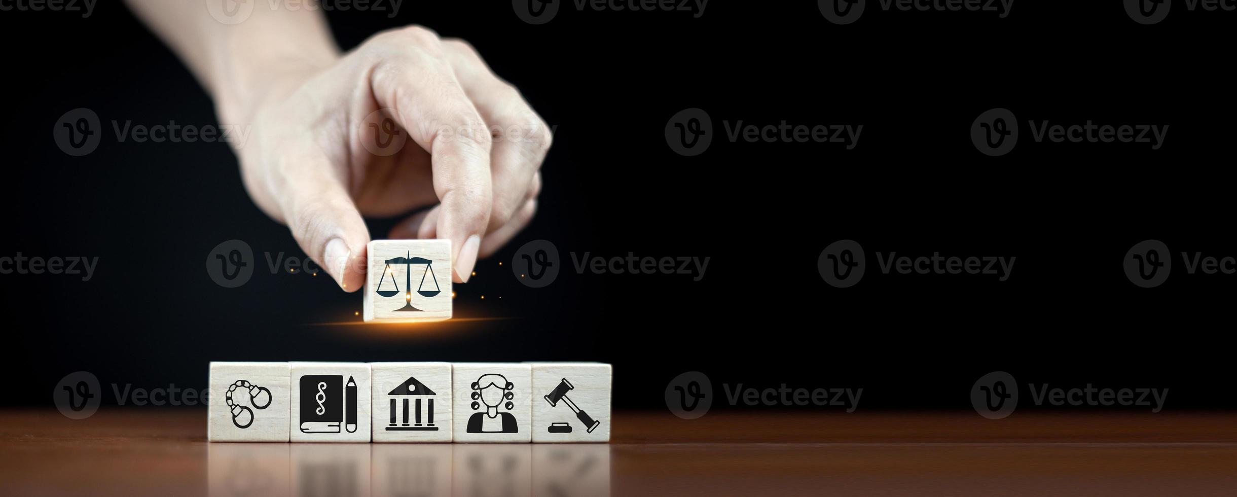 Wooden cube block shape with icon law legal justice. Law business and justice banner. Modern stacking cube block design with court, scale and justice symbols . photo