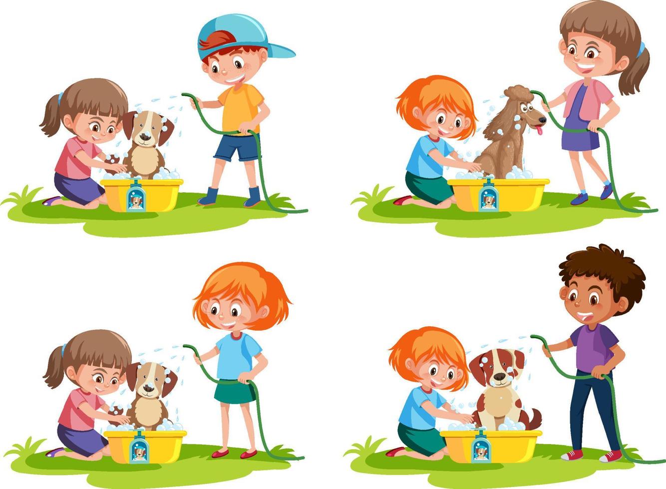 A set of boy and girl take a dog bath vector