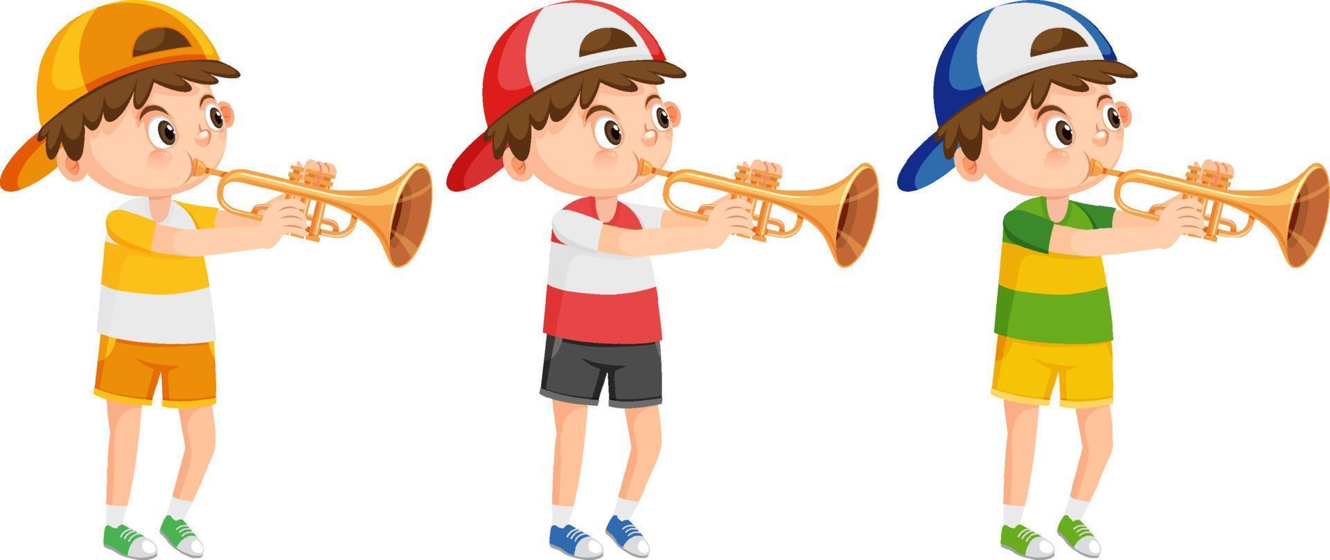 Set of boy wearing cap playing trumpet vector