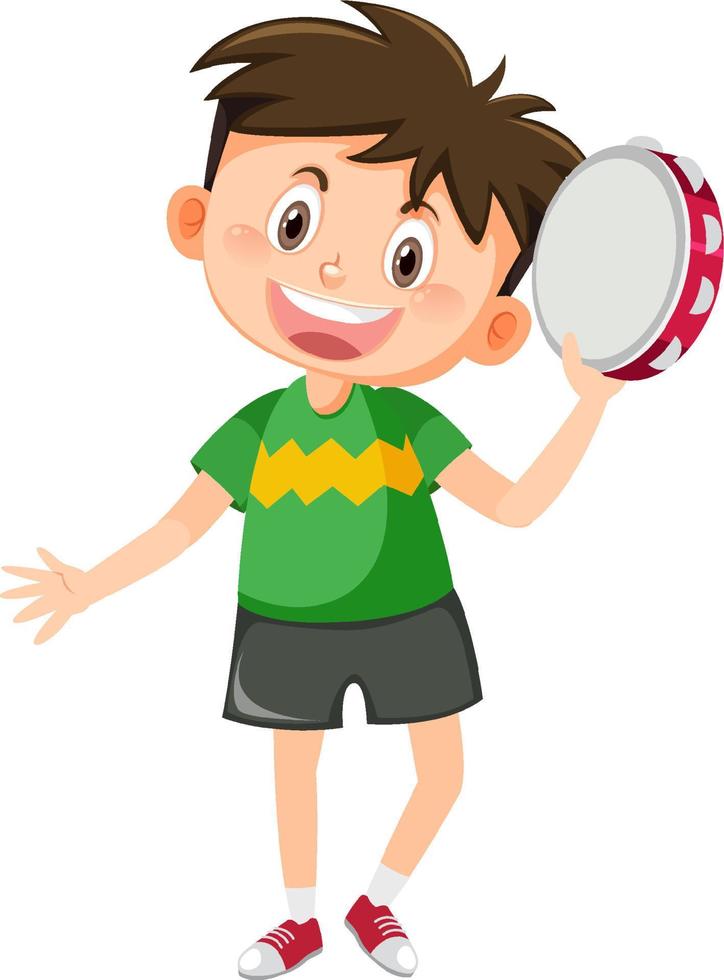 Hapy boy holding tambourine music instrumen vector