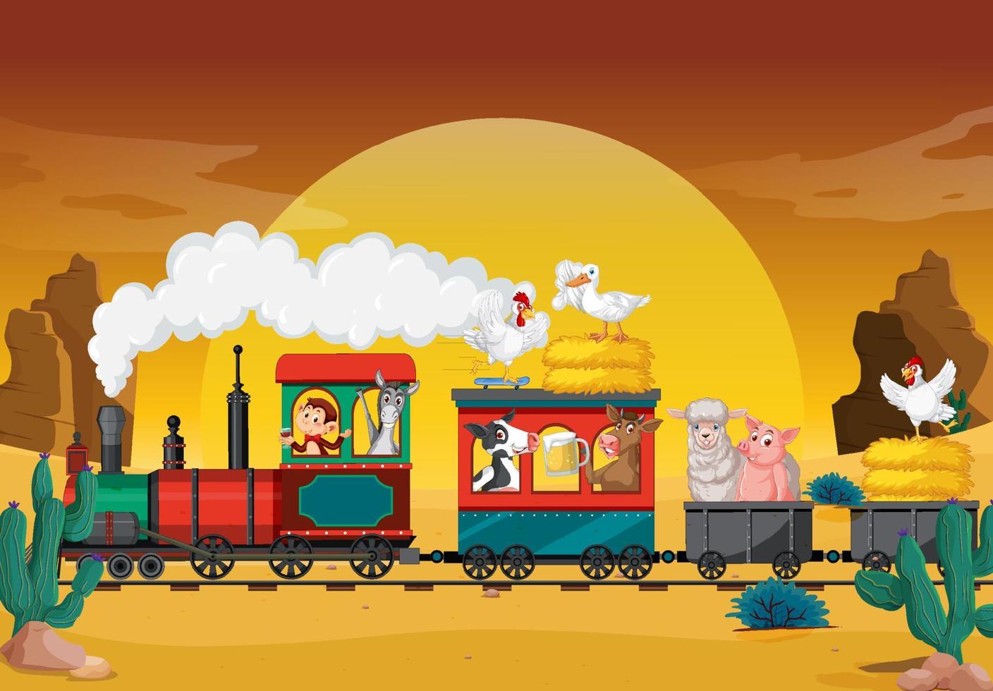 Train riding with many animals vector