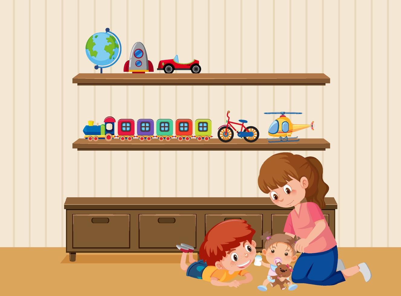 Living room scene with children cartoon character vector