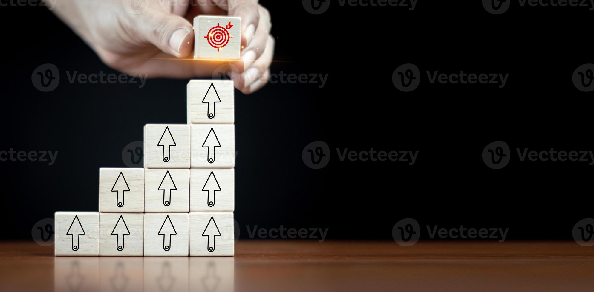 hand stack woods block step on table with icon Action plan, Goal and target, success and business target concept, project management. photo