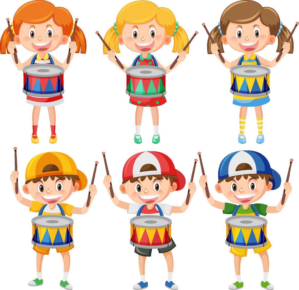 Set of kid playing drum cartoon character vector