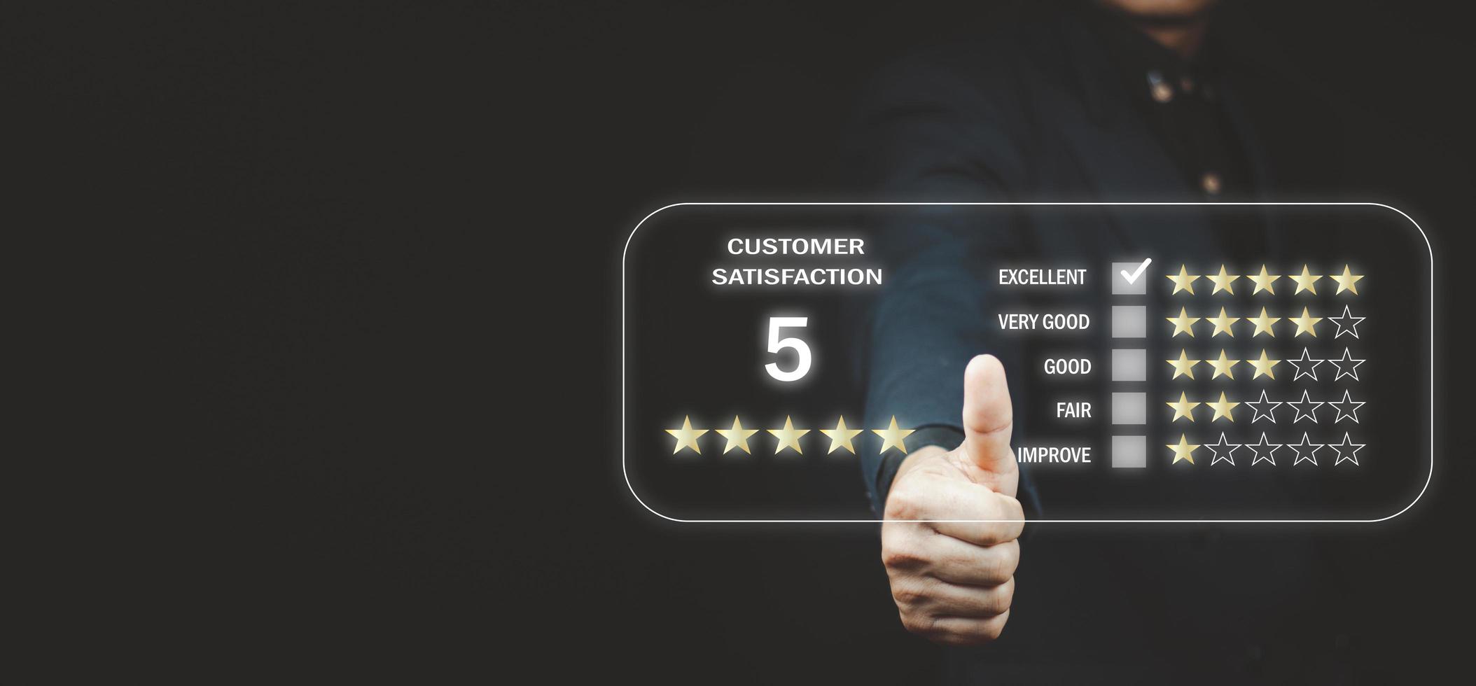 User gives rating to service experience on online application, Customer review satisfaction feedback survey concept. photo