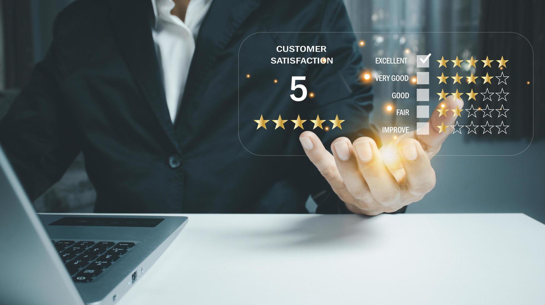 User gives rating to service experience on online application, Customer review satisfaction feedback survey concept. photo