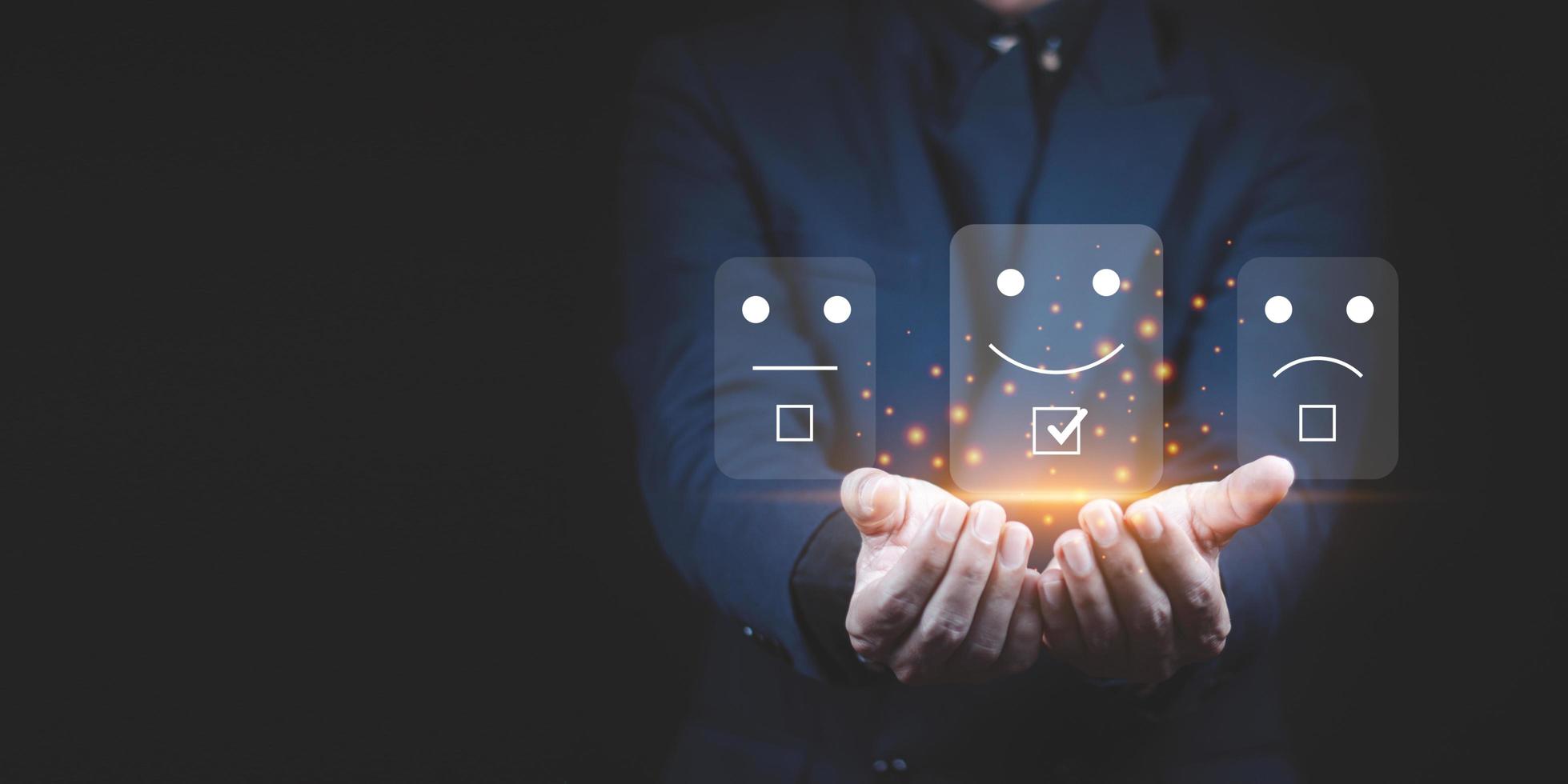 User gives rating to service experience on online application, Customer review satisfaction feedback survey concept. photo