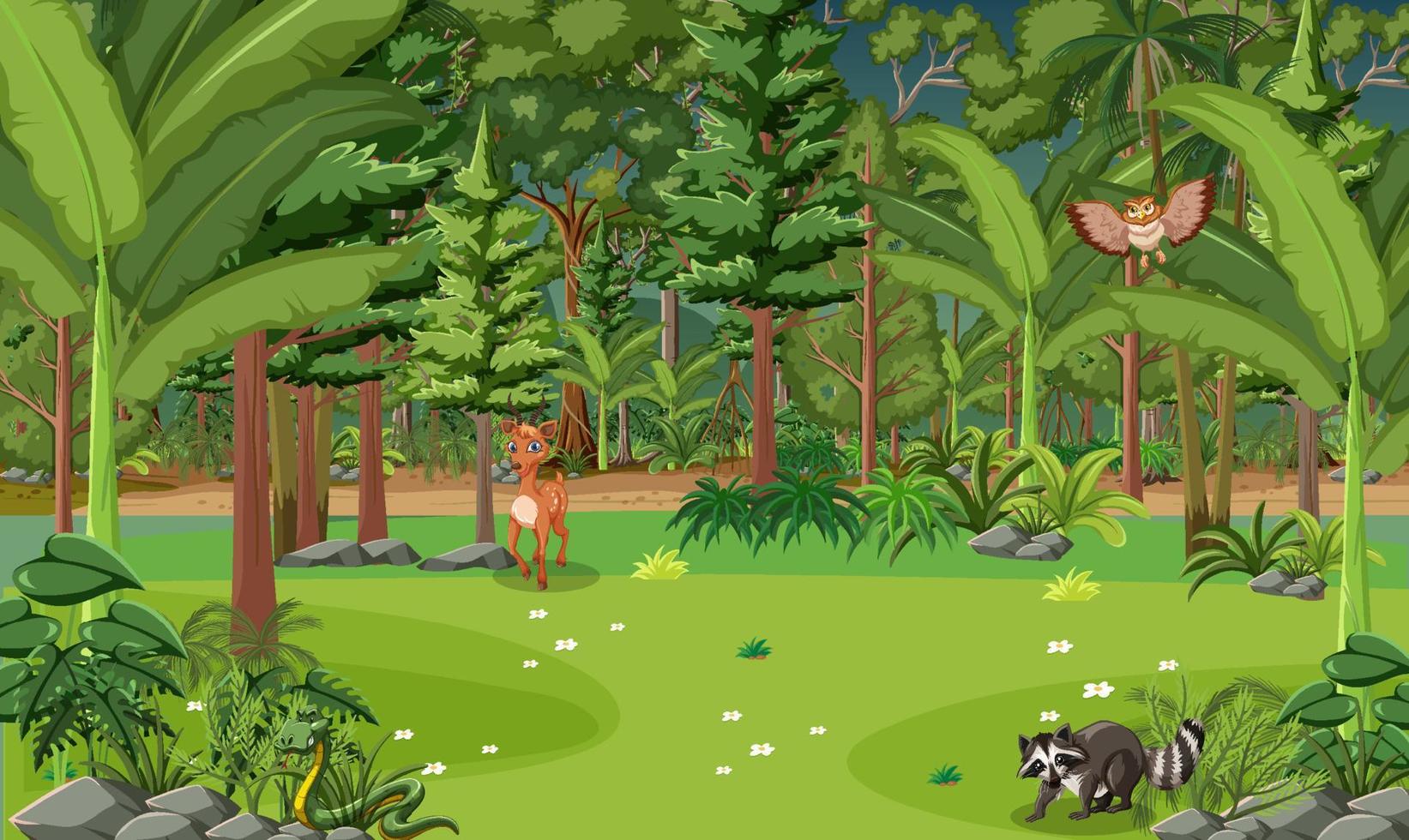 escena del bosque con animales salvajes vector