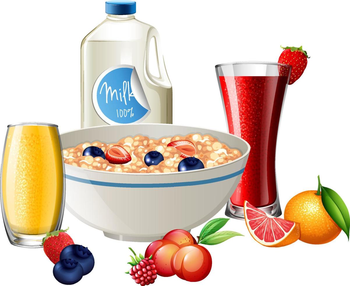 Breakfast set with cereal and fruit juice and milk vector