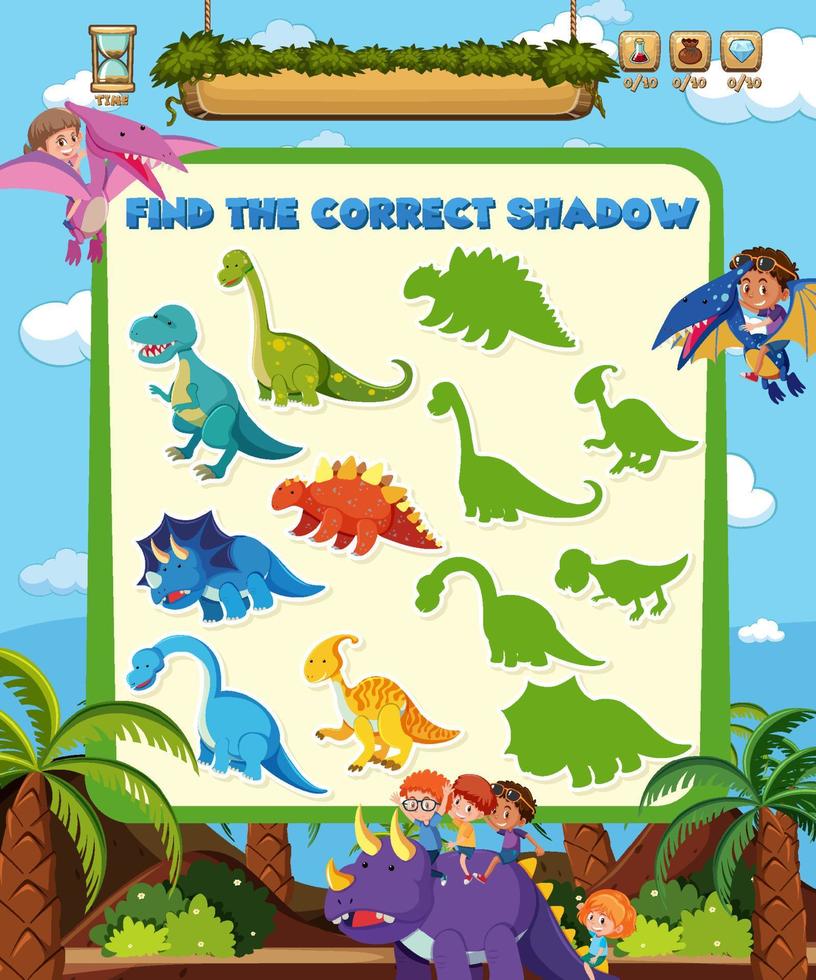 Find the correct shadow game template of dinosaur vector