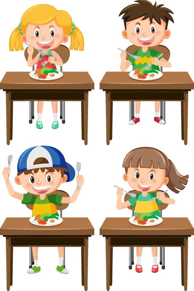 conjunto de niños desayunando saludable vector