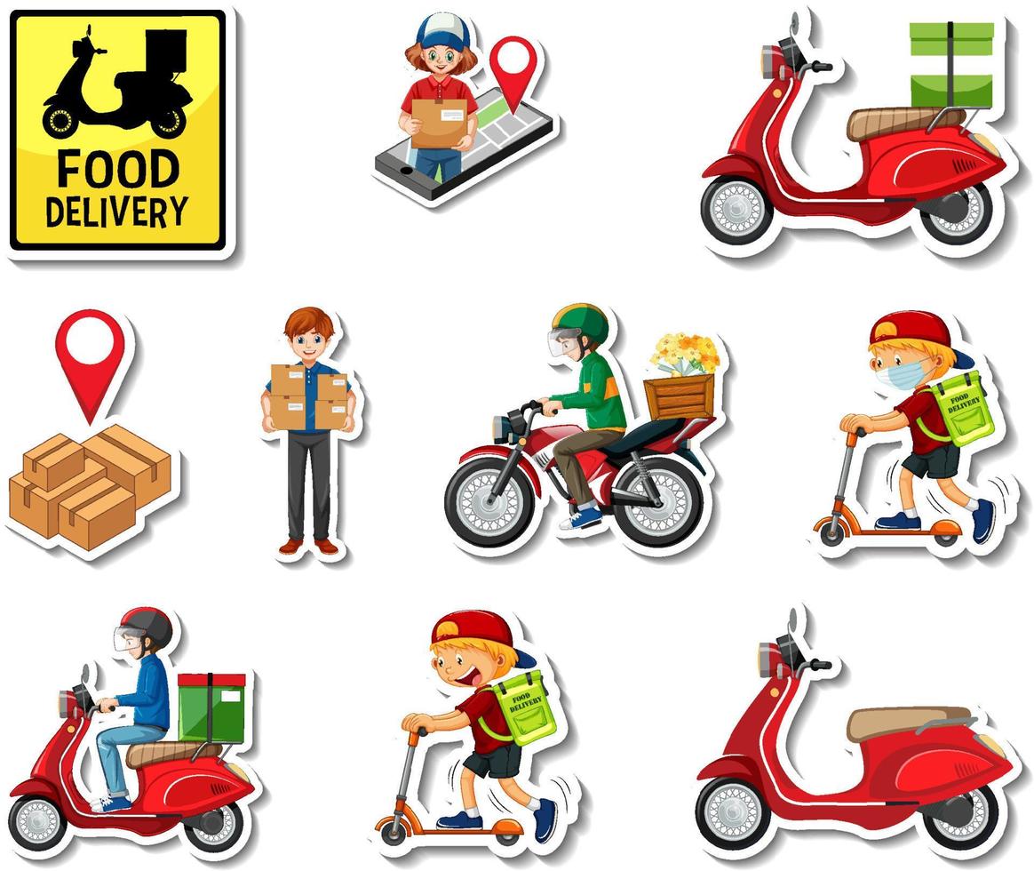 Sticker set of delivery objects and cartoon characters vector