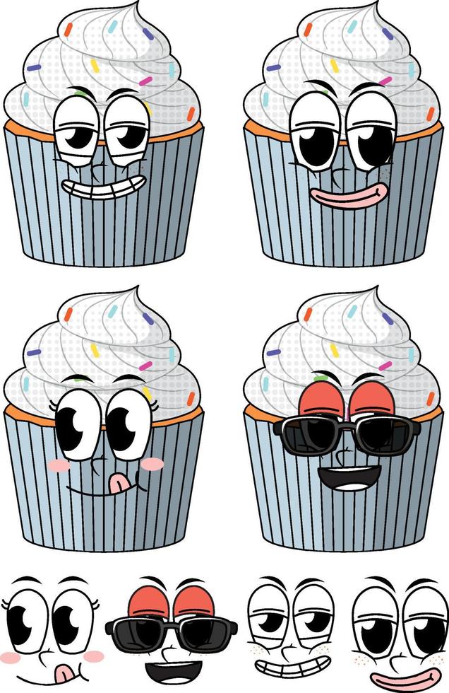 Set of facial expression vintage style cartoon with cupcake on white background vector