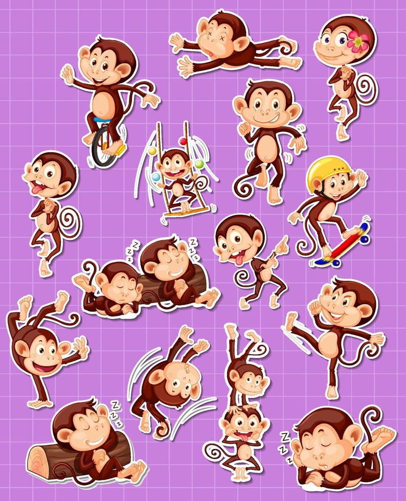 Sticker set of funny monkey cartoon characters vector