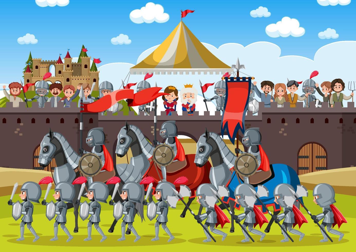 Outdoor scene with medieval knights with villagers vector