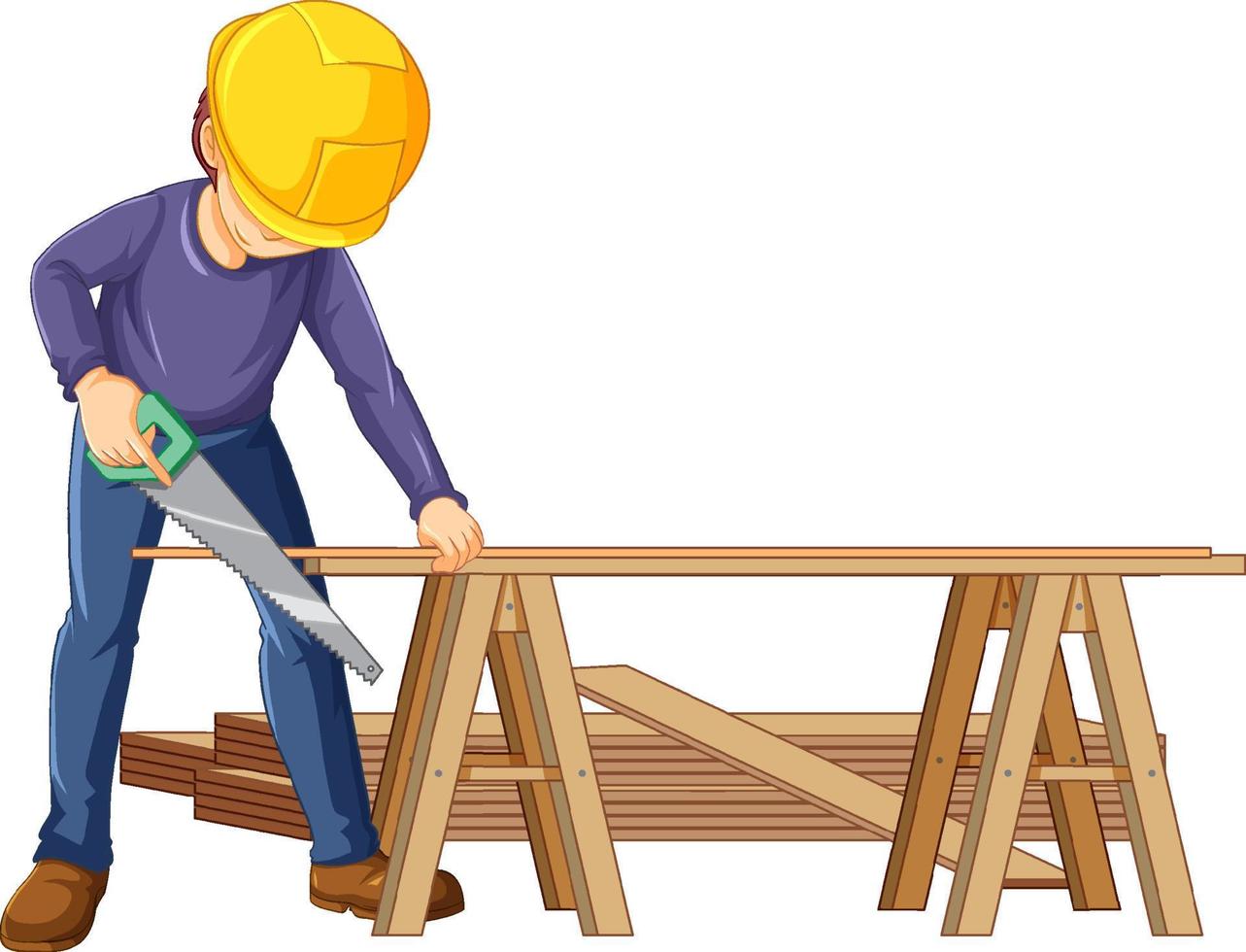 un trabajador de la construcción cortando madera vector