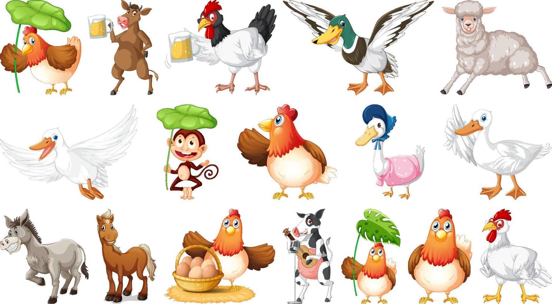 Many farm animals on white background vector