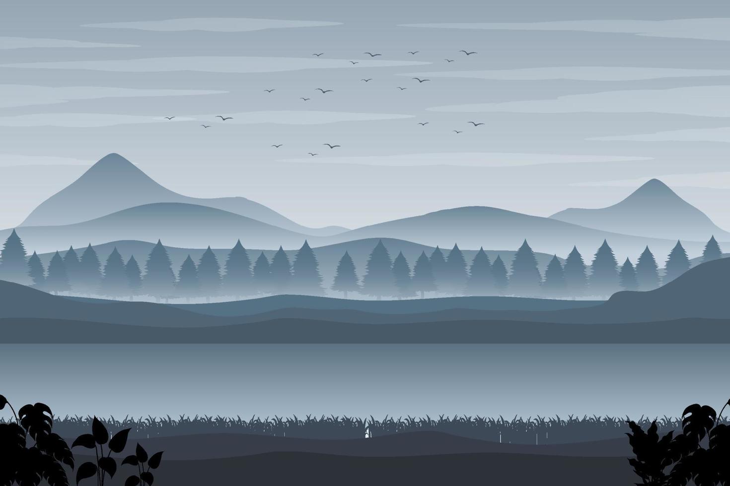 silueta, sombra, de, bosque, escena vector