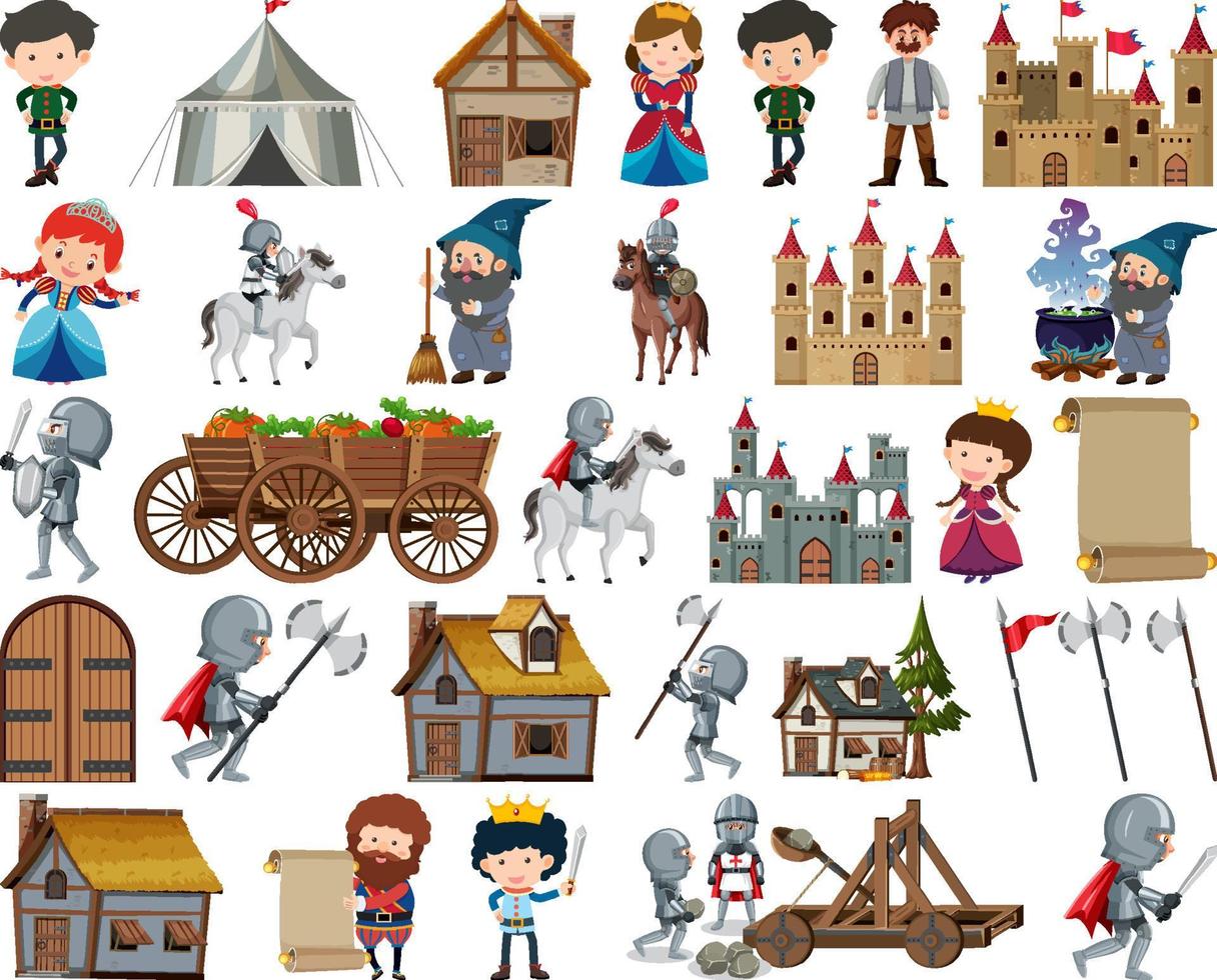 Medieval characters buildings set vector