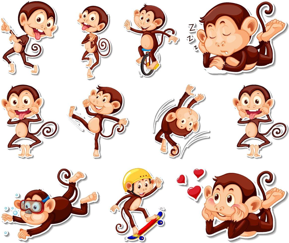 Sticker set of funny monkey cartoon characters vector