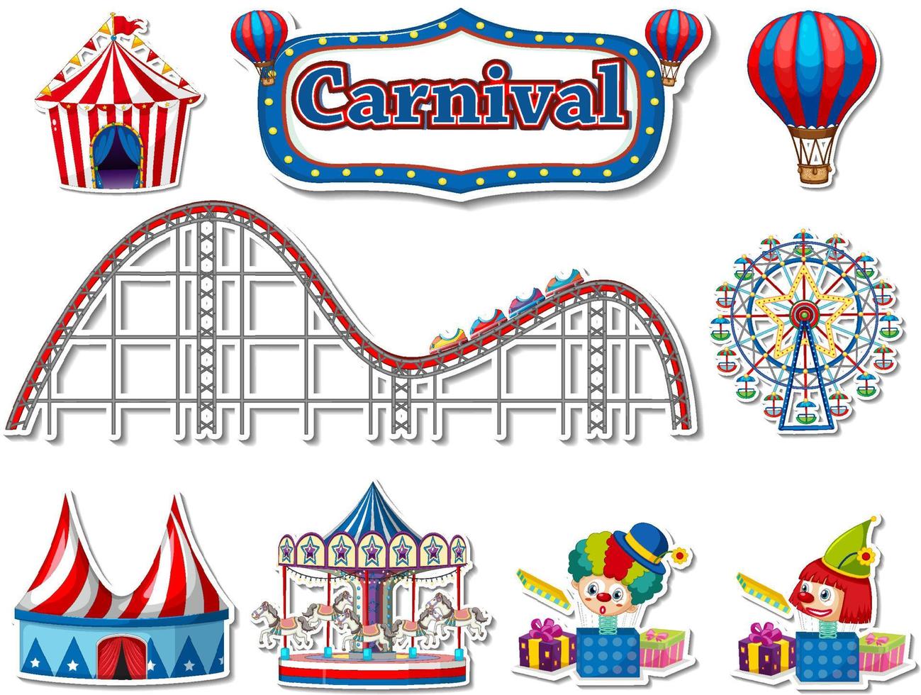 Sticker set of amusement park objects and cartoon characters vector