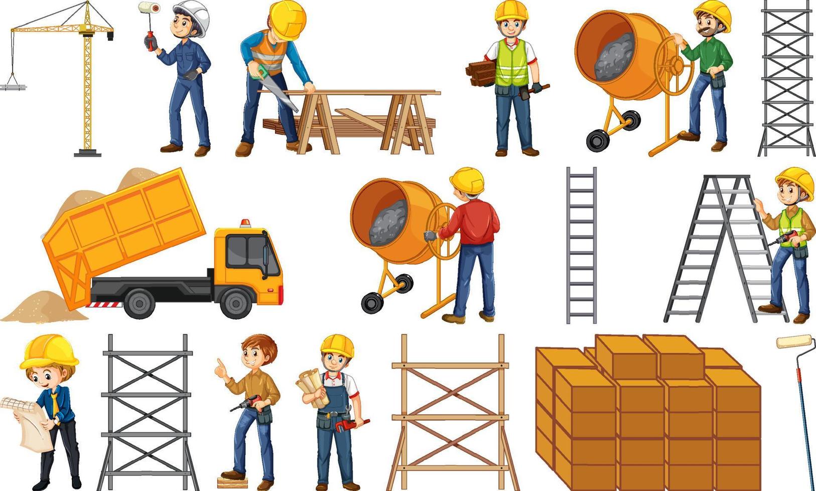 conjunto de objetos y trabajadores del sitio de construcción vector