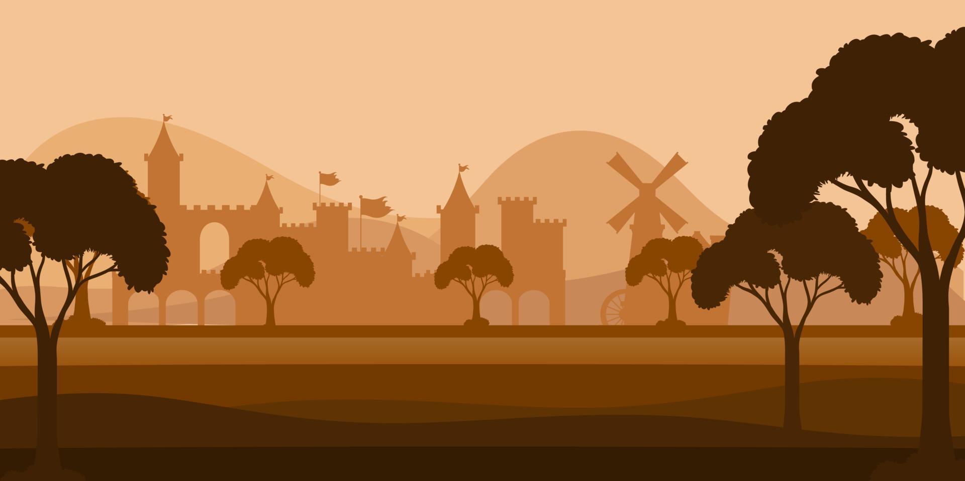 silueta de escena de paisaje con ciudad medieval vector