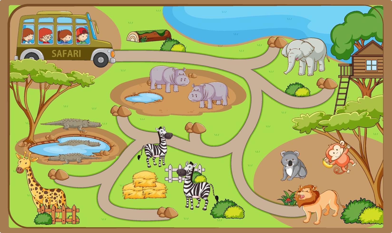 plantilla de juego con muchos animales en el zoológico vector