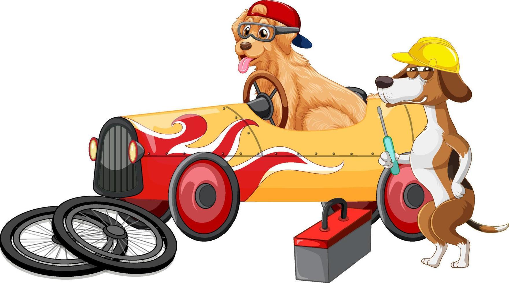 Dogs driving a car and dog fix the car on white background vector