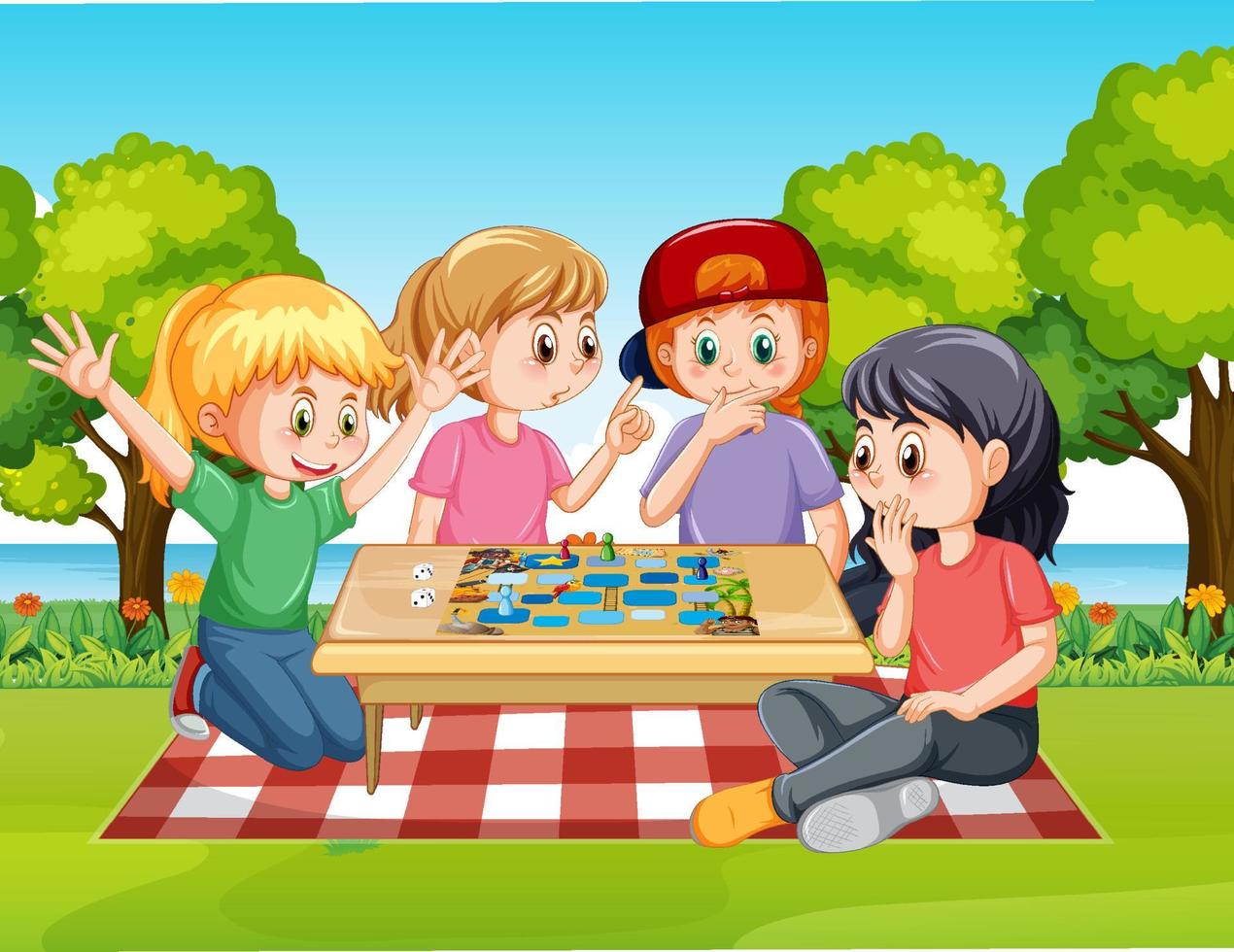 Happy kids playing boardgame at park vector