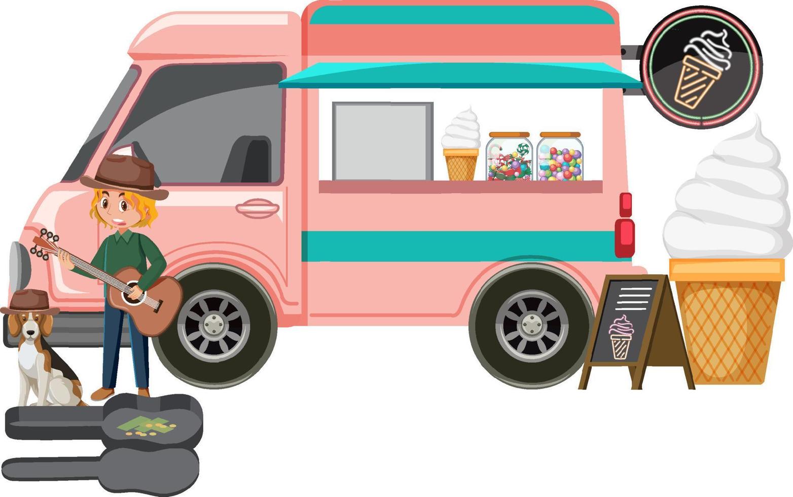 Man playing guitar at icecream truck vector