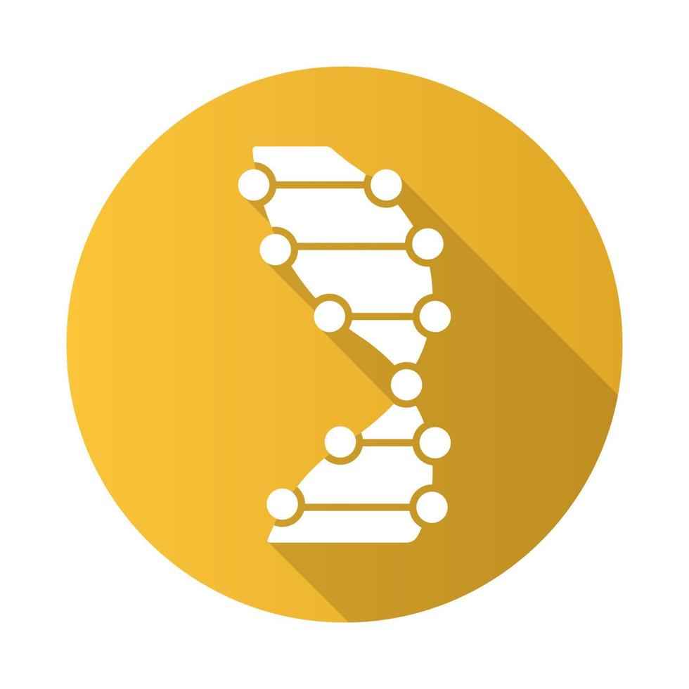 DNA helix yellow flat design long shadow glyph icon. Z-DNA. Connected dots, lines. Deoxyribonucleic, nucleic acid. Chromosome. Molecular biology. Genetic code. Genetics. Vector silhouette illustration