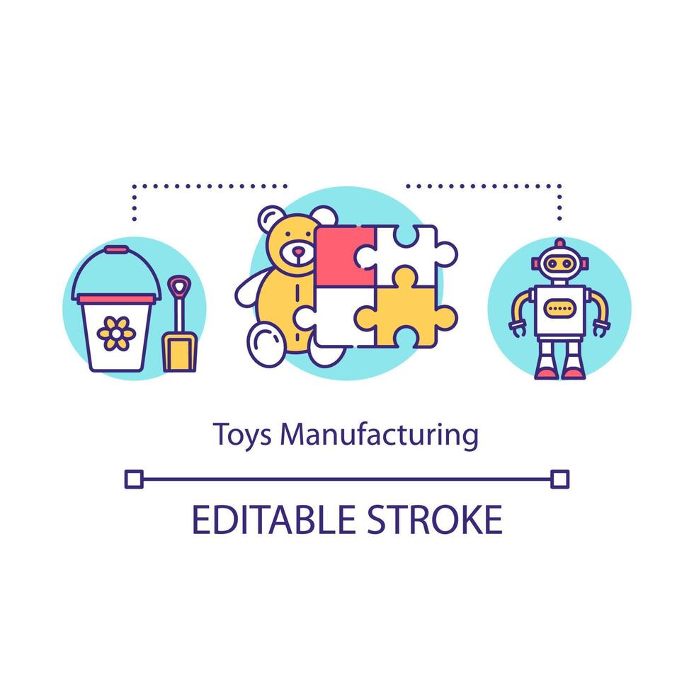 Toys manufacturing concept icon. Local production idea thin line illustration. Small bussiness. Products for kids. Children entertainment. Vector isolated outline drawing. Editable stroke