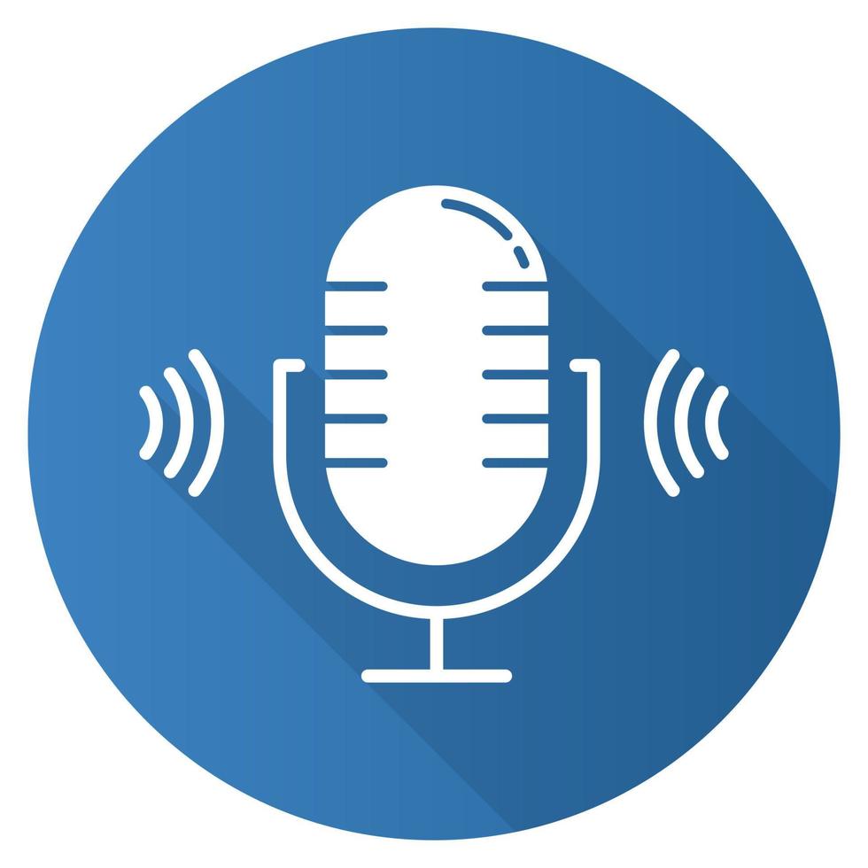 Blue microphone flat design long shadow glyph icon. Voice scan software idea. Modern sound recording equipment. Stereo frequency, speech recognize. Volume amplifier. Vector silhouette illustration