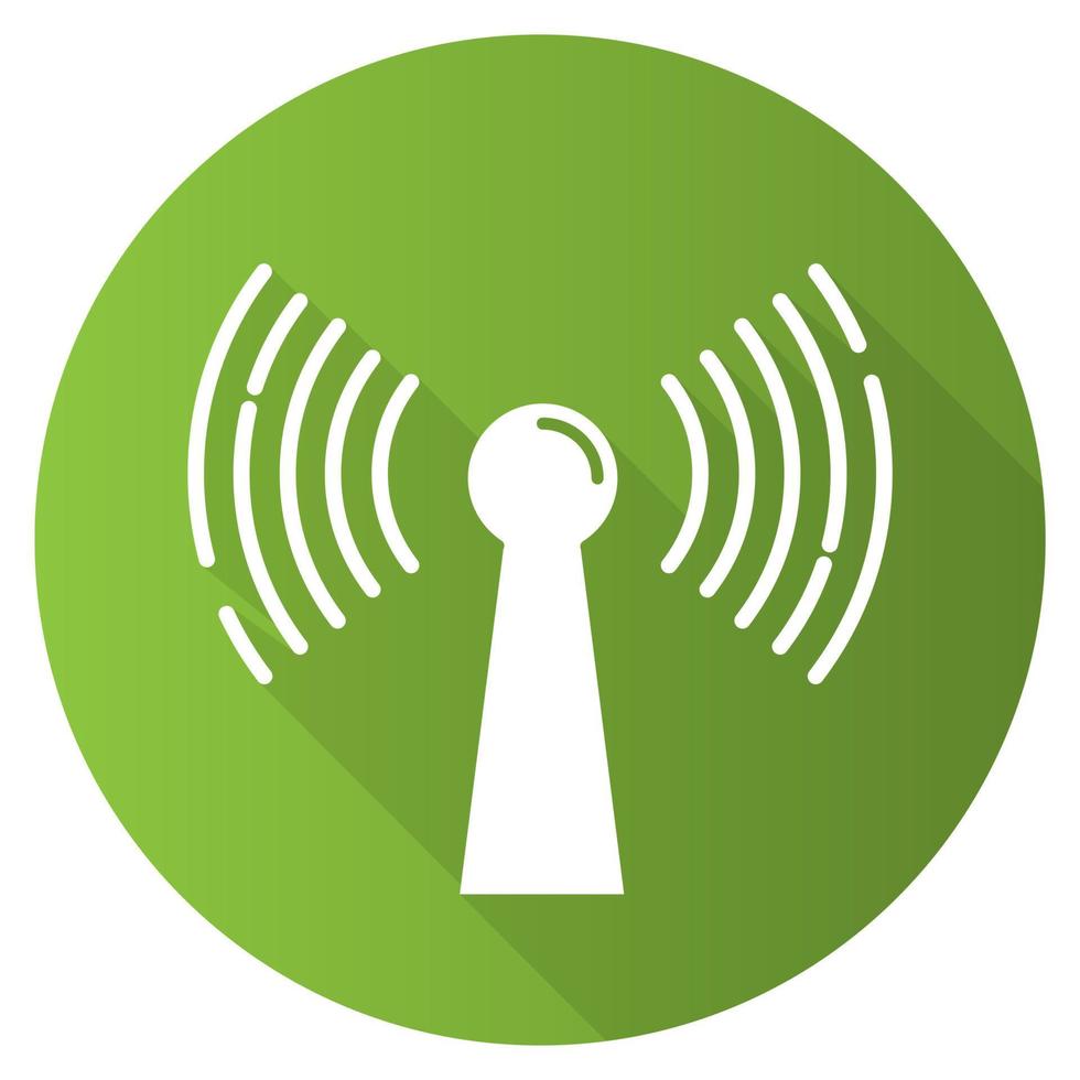 Green radio signal flat design long shadow glyph icon. Wireless connection idea. Sound waves, audio broadcasting. Hardware, equipment, technology. Coverage area. Vector silhouette illustration