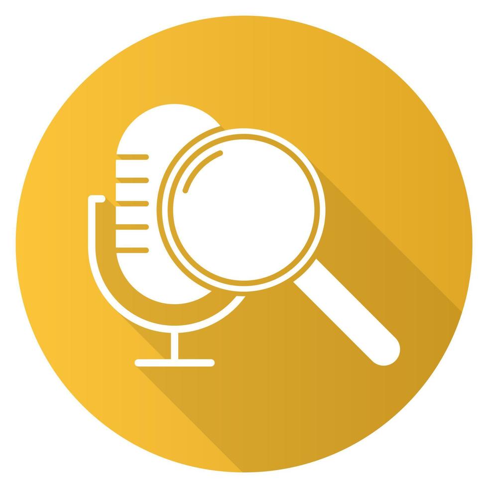 Yellow voice search command flat design long shadow glyph icon. Sound request idea. Microphone and magnifier. Sound recorder, music equipment. Multimedia tool. Vector silhouette illustration