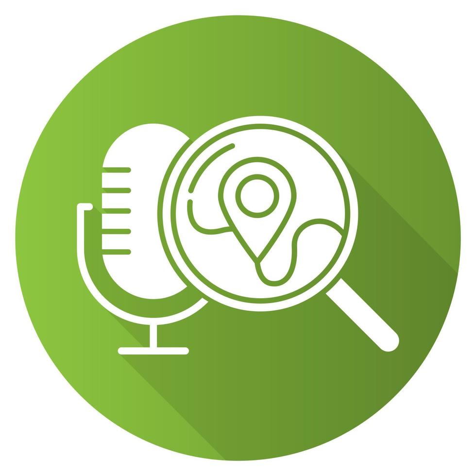 Green geolocation voice request flat design long shadow glyph icon. Location search idea. Sound control, microphone command, magnifying glass. Smart assistant. Vector silhouette illustration