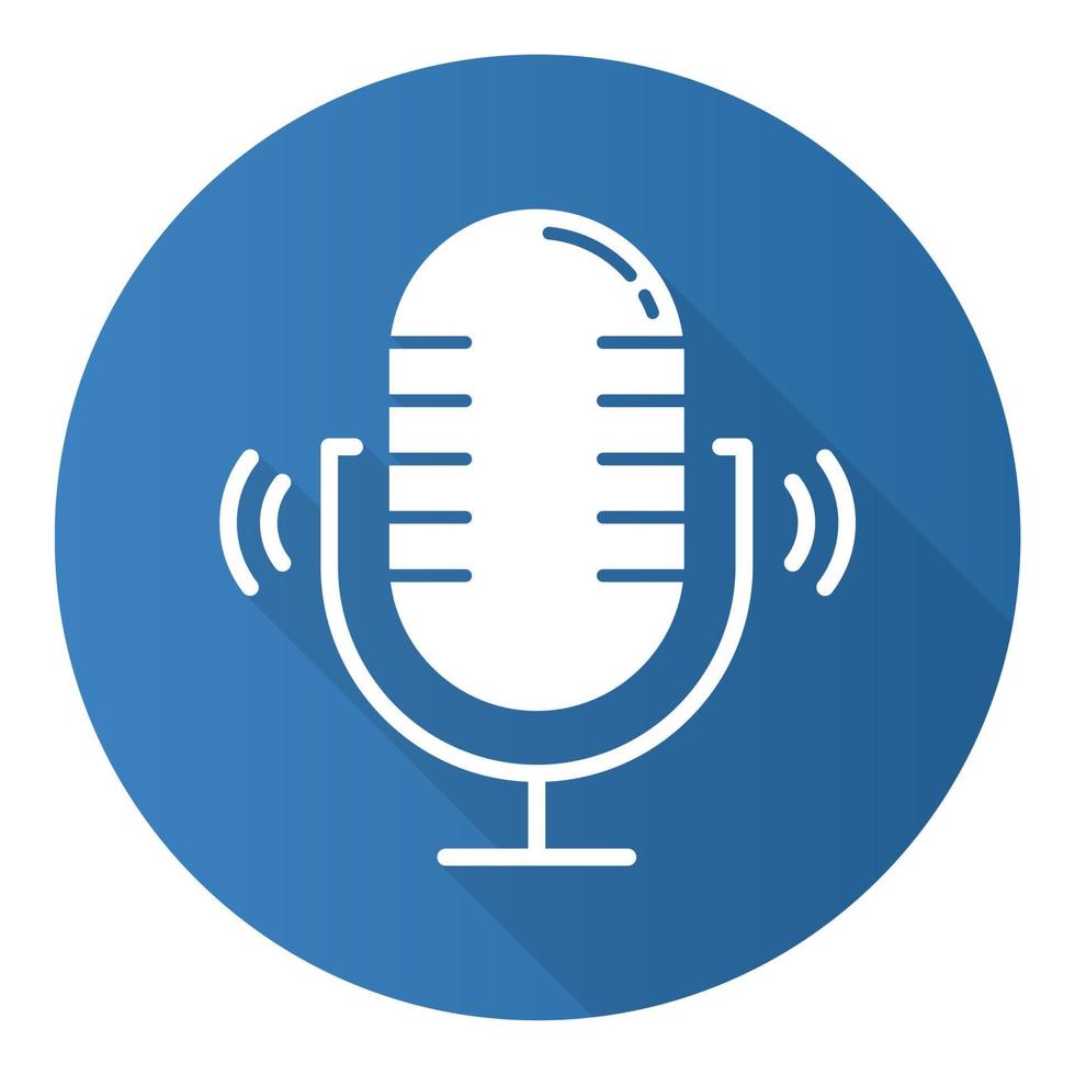 Blue loud microphone flat design long shadow glyph icon. Stereo mic recording sound idea. Portable wireless speaker. Audio equipment. Modern studio technology. Vector silhouette illustration
