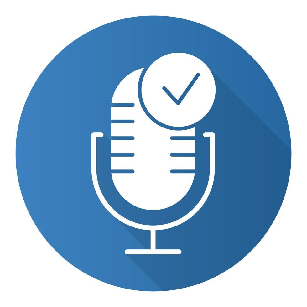 Blue microphone installation flat design long shadow glyph icon. Sound recorder connected idea. Successful connection. Voice control, speech recognition process. Vector silhouette illustration
