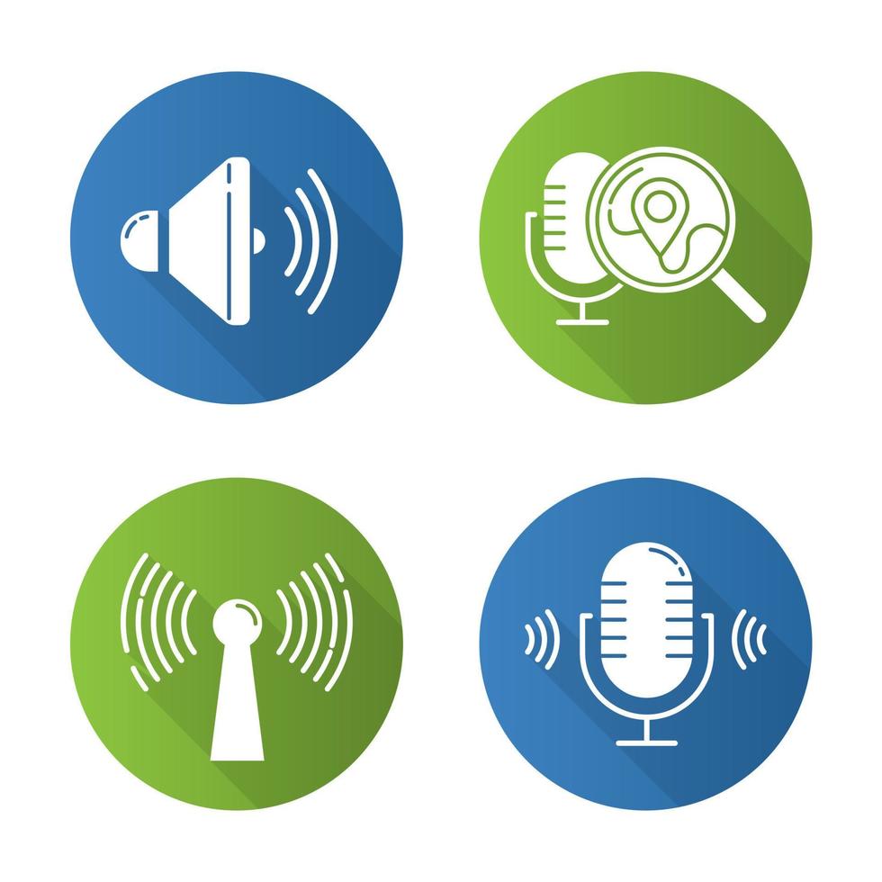 conjunto de iconos de glifo de sombra larga de diseño plano de aplicaciones de control de voz. idea de comandos de voz móvil. grabadora de sonido, dispositivos inteligentes, solicitud de búsqueda. tecnología inalámbrica innovadora. ilustración de silueta vectorial vector