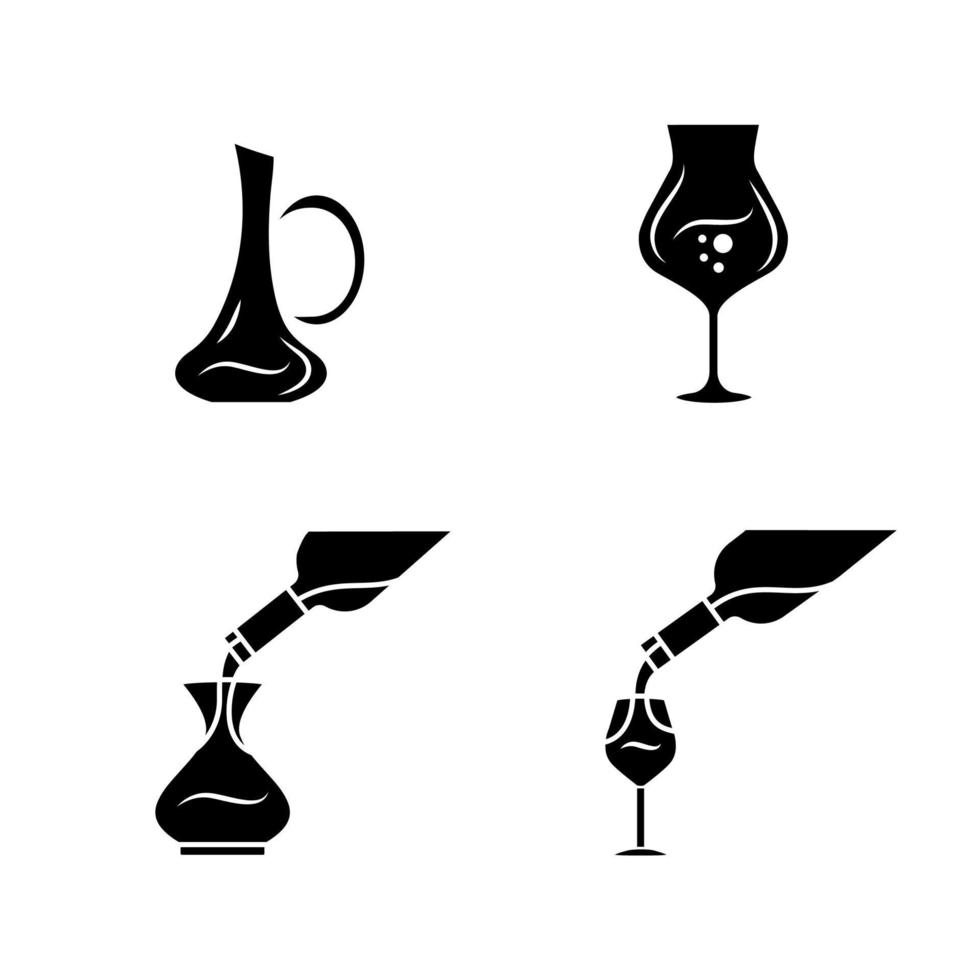 Wine service glyph icons set. Alcohol beverage pouring in glass. Sommelier, barman wineglasses, decanters. Different types of aperitif drinks. Silhouette symbols. Vector isolated illustration