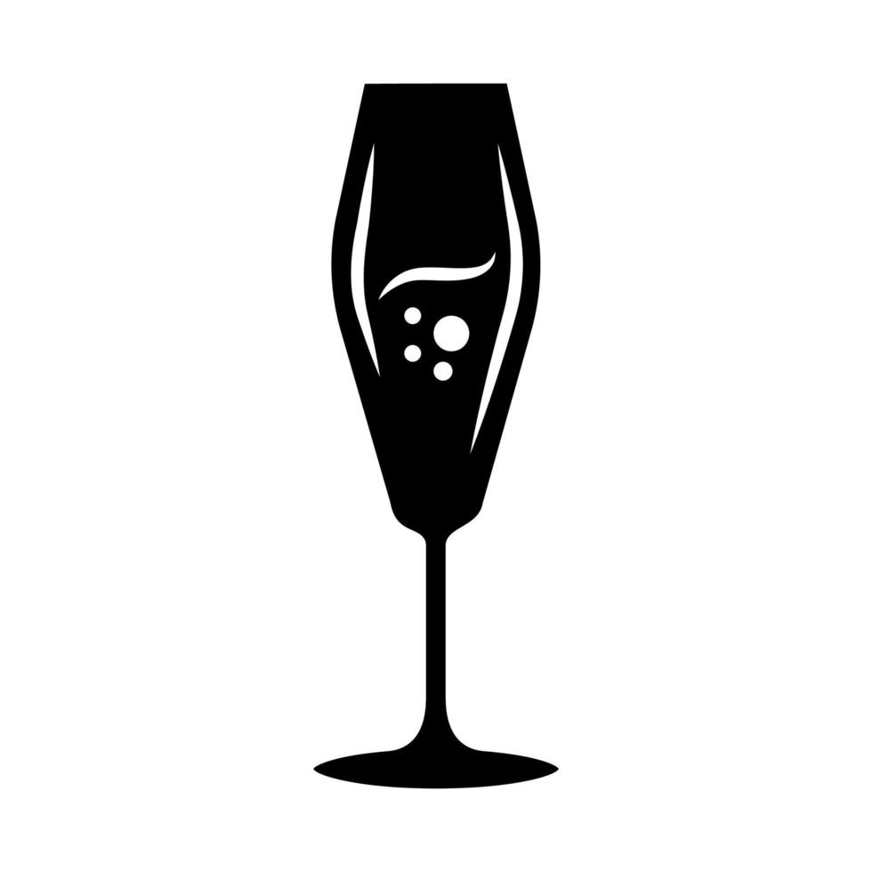 Flute wineglass glyph icon. Sparkling wine, champagne. Alcohol beverage with bubbles. Party cocktail. Sweet aperitif drink. Silhouette symbol. Negative space. Vector isolated illustration